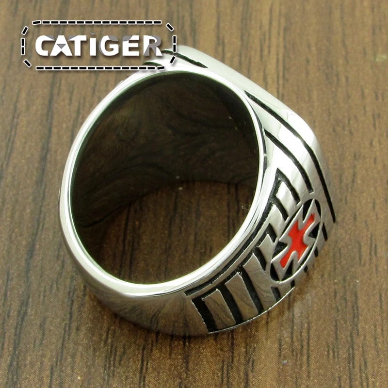 Free Shipping Punk 316L Stainless Steel Phoenix Totem Ring Medieval Signet Mens Red Enamel Knight Templar Crusade Cross Rings