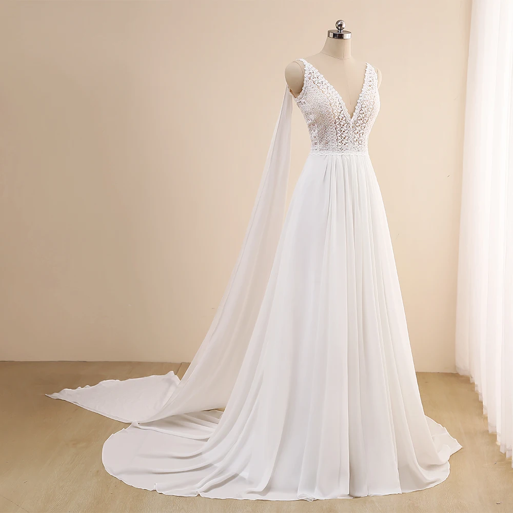 Sexy Chiffon Strand Hochzeit Kleid 2021 Sleeveless V-ausschnitt Lange Schal Böhmische Spitze Braut Kleider EINE Linie Brautkleid