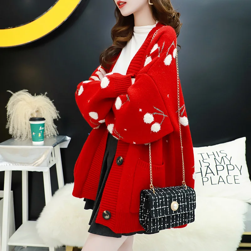 Autumn Fashion Cherries Embroidery Mid-length Cardigans Womens V-Neck Bat Sleeve Pocket Knitting Sweater Coat Loose Ladies Tops