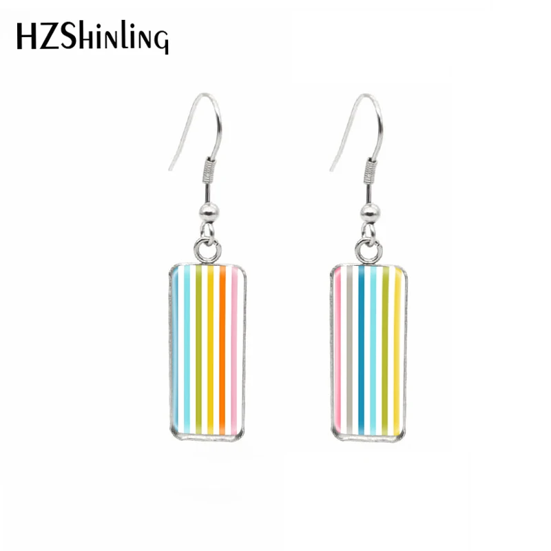 Stripe Coloured Multicolour Pattern Border Fish Hook Earrings Stainlesss Steel Glass Rectangle Dome Pendants Jewelry for women