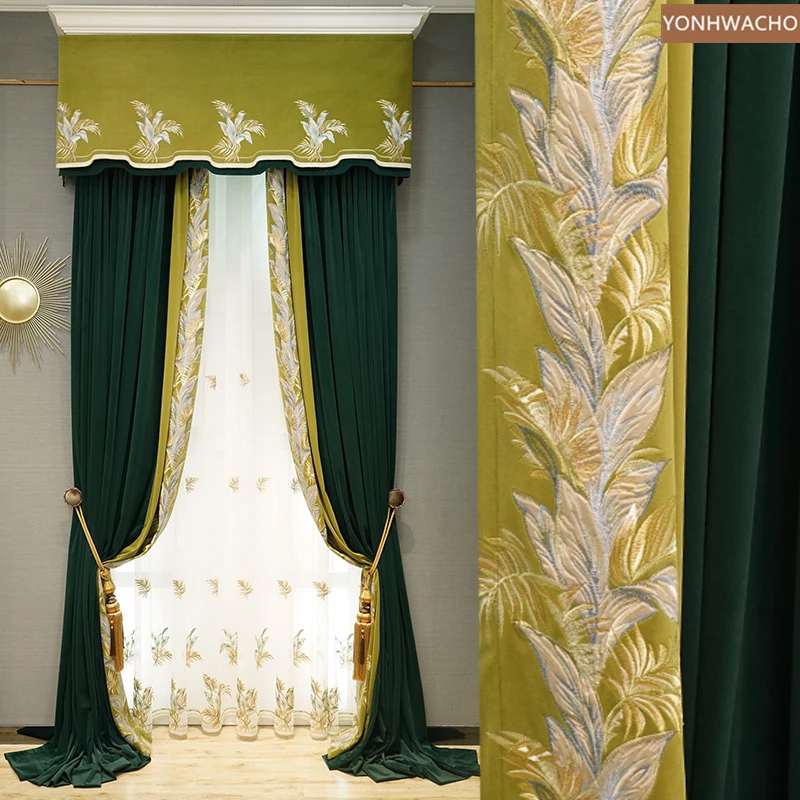 Custom curtain French luxury dark green blue living room thick velvet  cloth blackout curtain valance tulle panel C633