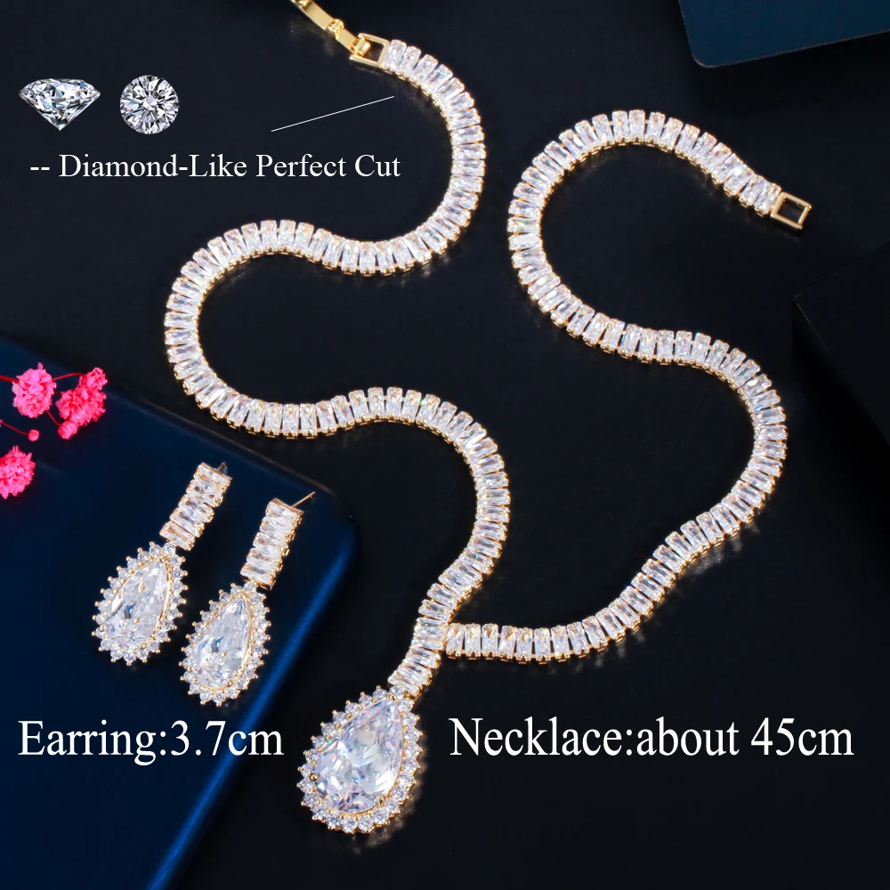 CWWZircons Water Drop Wedding Necklace Earring Set for Brides African Cubic Zirconia Dubai Gold Color Women Costume Jewelry T524