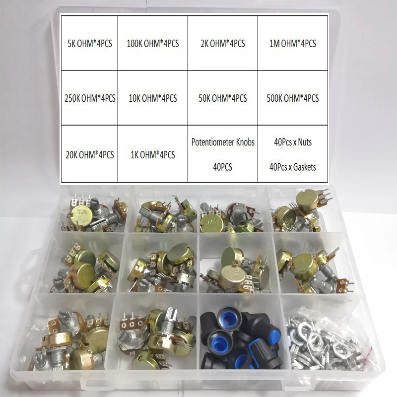 160 sztuk/pudło WH148 15MM zestaw pojedynczego potencjometru B1K/5K/10K/20K/50K/100K/500K/1M z zestawem pokręteł nakrętki wału