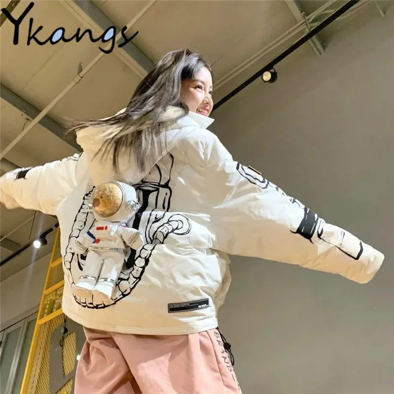 Astronaut Bear Decoration Thick Warm down Jackets Women Korean Loose Letter Print Parka Baggy Y2k Harajuku Zipper Hoodies Female