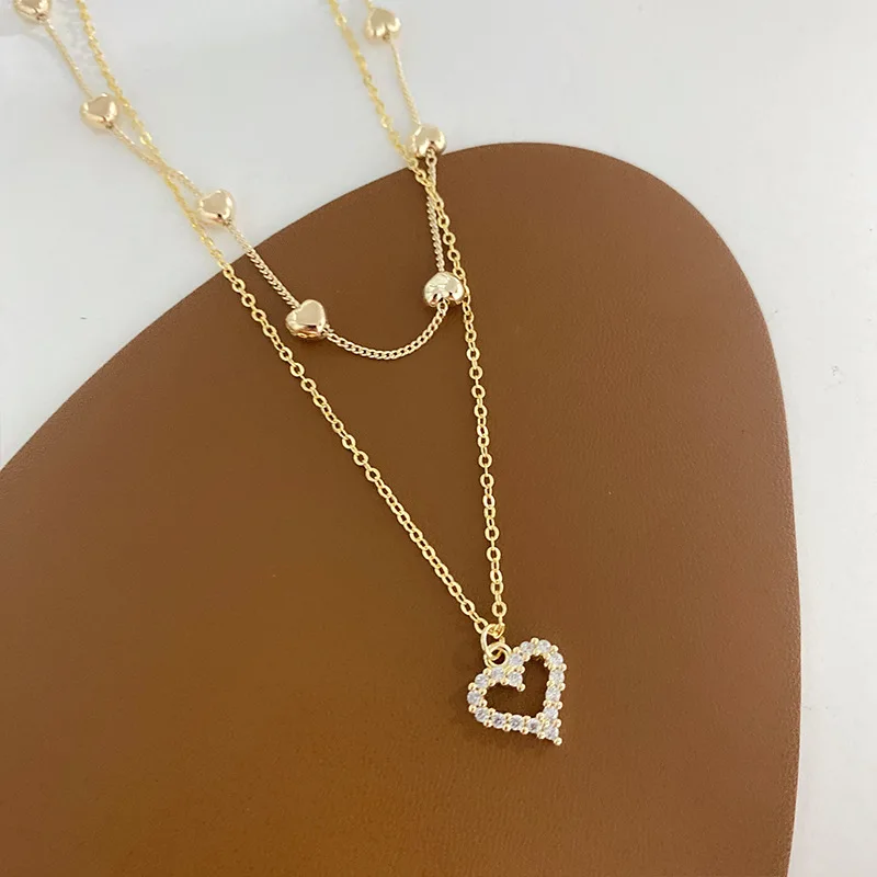 

ALLNEWME Retro Double Layered Gold Color Metallic Heart Necklace for Women Full CZ Zircon Love Heart Pendant Necklace Jewelry