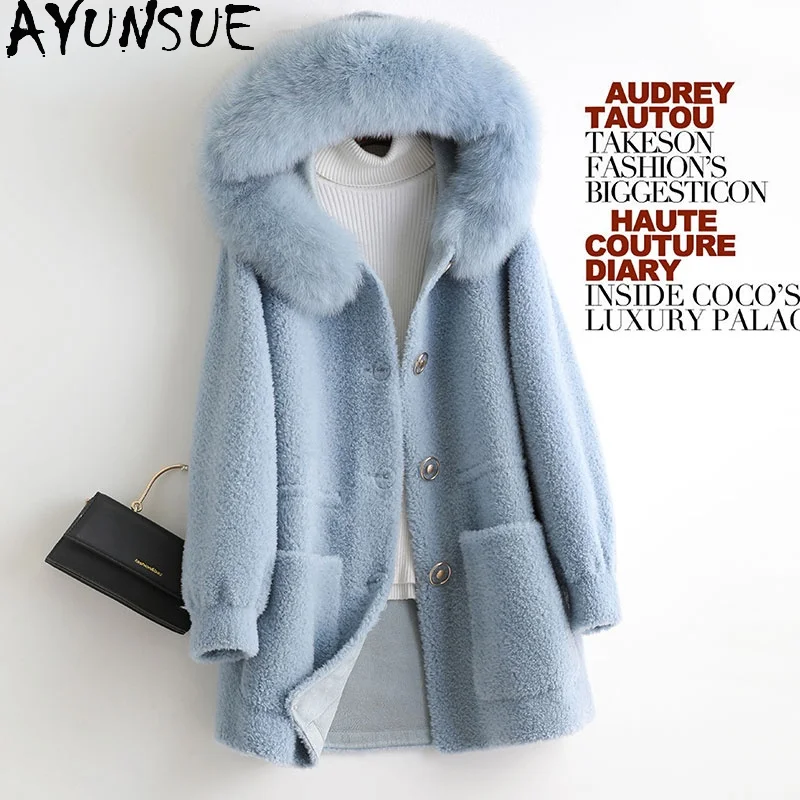 

AYUNSUE Autumn 100% Real Sheep Shearling Coat Female Winter 2021 Casual Fox Fur Collar Wool Jacket Women Jaqueta Feminina Gxy363