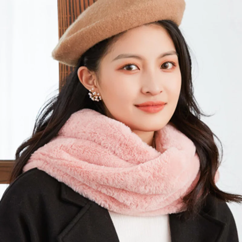 Korean Faux Rabbit Fur Scarf Collar Winter Cashmere Solid Plush Thicken Warm Scarves Snood Women Cycling Windproof Pullover O23