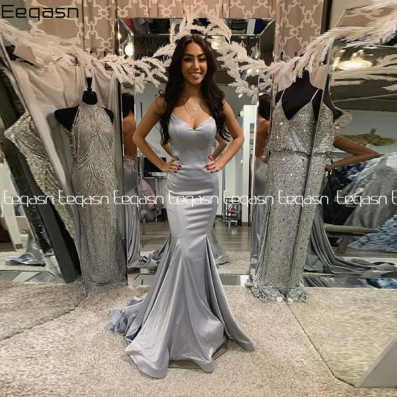 

Sexy Backless Evening Dresses V Neck Satin Sliver Robe De Soiree Customized Women Long Formal Party Gowns With Train