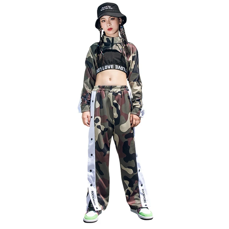 Ropa de baile de Jazz Hip Hop para niñas, traje de manga larga con pantalones de camuflaje, tendencia de baile callejero, BL4969