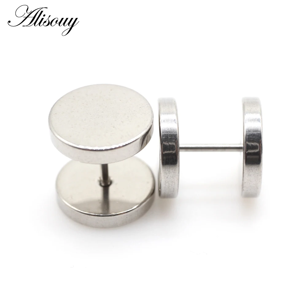 Alisouy 2pcs Gothic Stainless Steel Barbell Round Stud Earrings For Women Men Dumbbell Pierceing Earrings Punk Fashion Jewelry