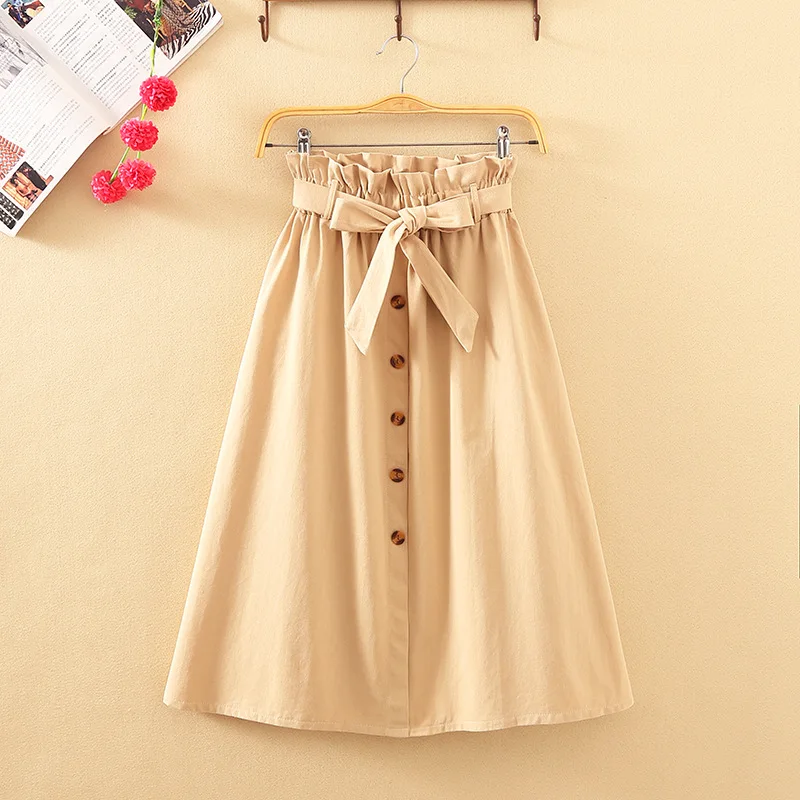 Summer Autumn Skirts Womens 2022 Midi Knee Length Korean Elegant Button High Waist Skirt Female Pleated School Skirt