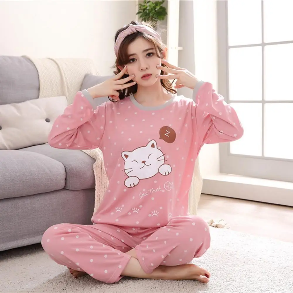 Ensemble de pyjama imprimé dessin animé à manches longues pour femmes, vêtements de nuit mignons, vêtements d\'intérieur fins, printemps, automne