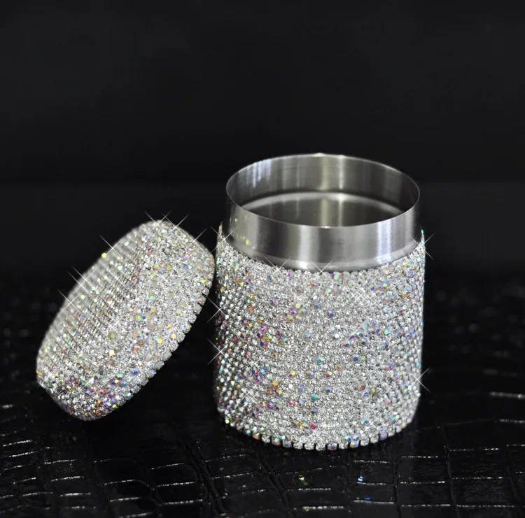 Diamond-studded Crystal Toothpick Holder Cotton Swab Storage Box Household Restaurant Round Metal Makeup Organizer Case