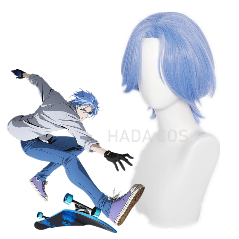 Anime SK8 the Infinity SK Eight Langa Hasegawa Cosplay Wig Gradient Blue Short Straight Middle Part Mullet Hair Heat Resistant