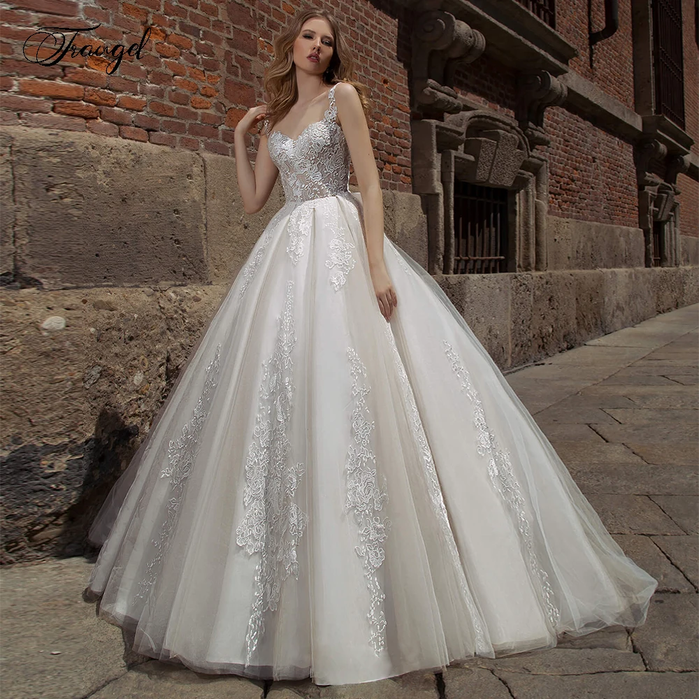 Traugel Scoop A Line Lace Wedding Dresses Delicate Applique Tank Sleeve Backless Bride Dresses Sweep Train Bridal Gown