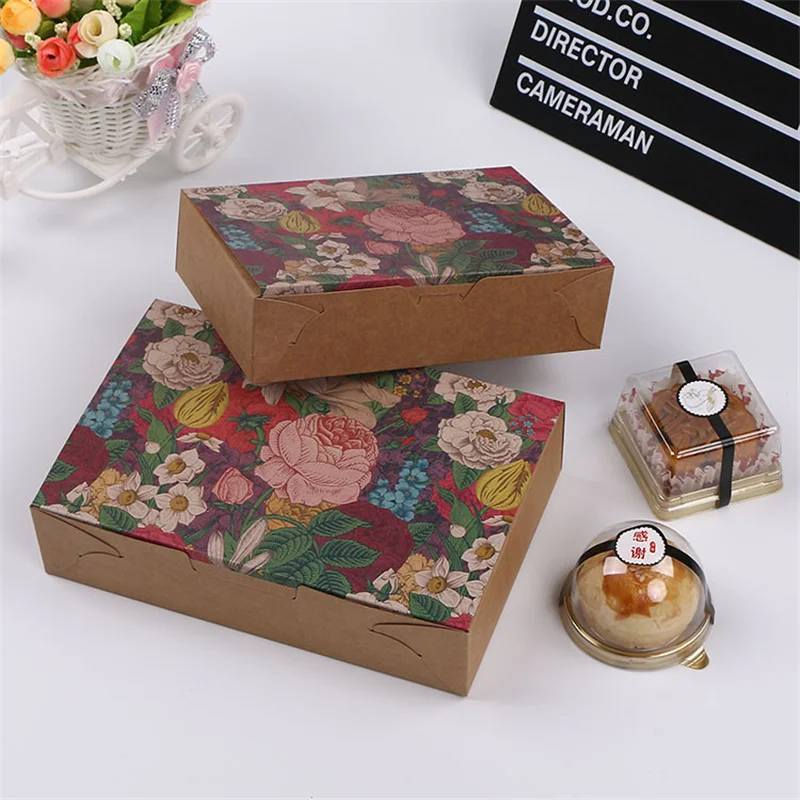 200Pcs Flower Candy Boxes Gift Packaging For Wedding Party Favors Biscuits Baking Package Vintage Floral Kraft Paper Cake Box