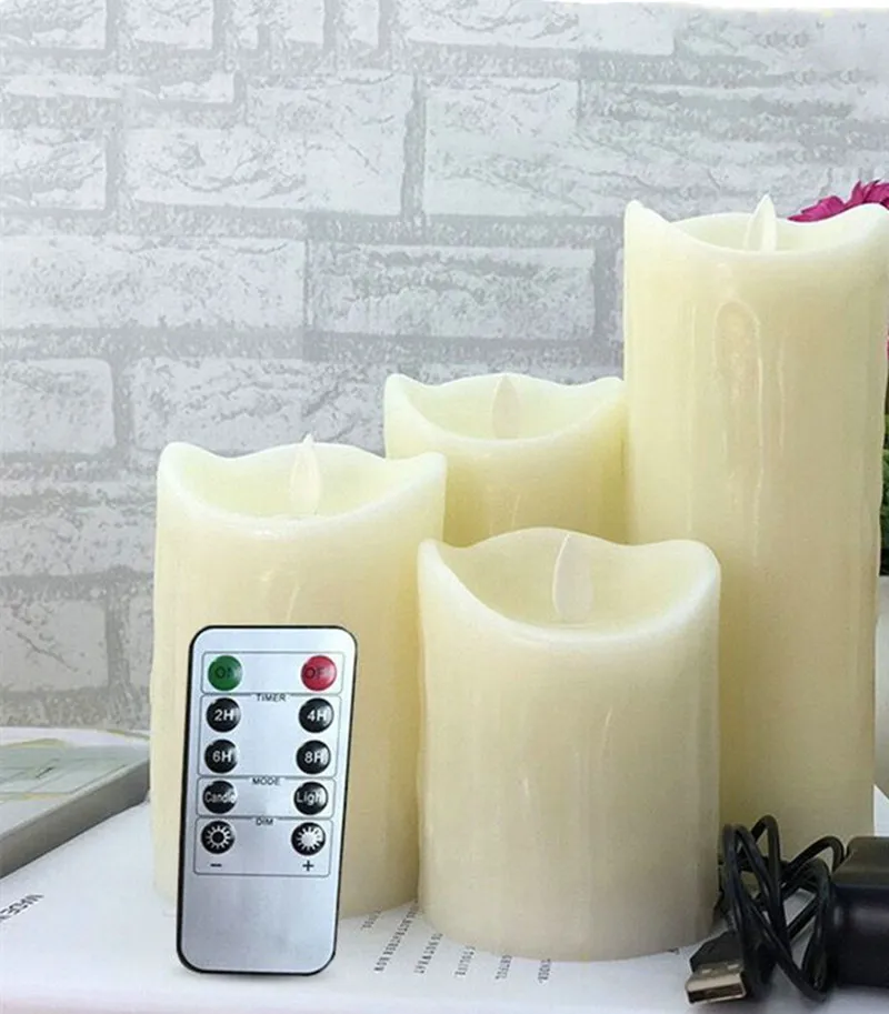 USB Rechargeable Flickering Paraffin Candle Flickering Pillar Tear Candle Remote control w/timer Moving wick Dripping wax f/Home