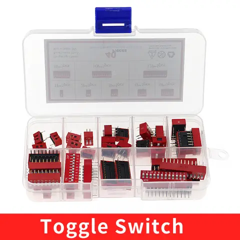 40pcs/lot Dip Switch Kit In Box 1 2 3 4 6 8 10 12 Way 2 54mm Toggle Switch Red Snap Switches Mixed Kit Each 5pcs Combination Set