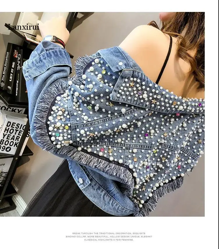 

intage Pearl Beading Short Denim Jackets Women blue Wash Long Sleeve Casual Jean Jacket Bomber Denim Coat