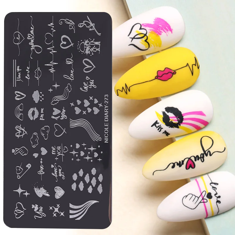 NICOLE DIARY Valentine's Day Love Heart Stamping Nail Plate Heart Beat Collection New Plate Marble Flower Leaves Design Manicure