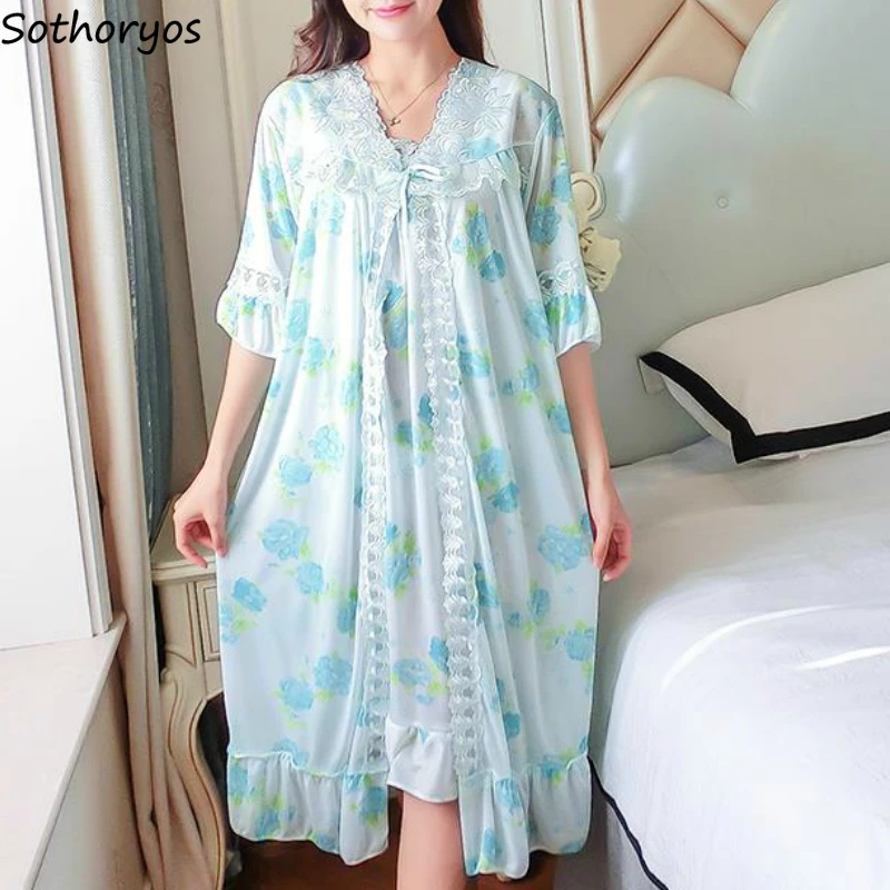 Robe Gown Sets Women Floral Lace 2pcs Stylish Sexy Oversize 3XL Loose Sleepwear Chic Sweet Thin Ice-silk Womens Bathrobes Home