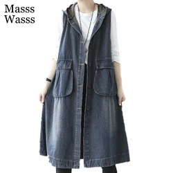 Masss Wasss Korean Style Denim Hooded Long Vest Coat 2021 Women Button Loose Vintage Waistcoats Female Punk Sleeveless Clothes