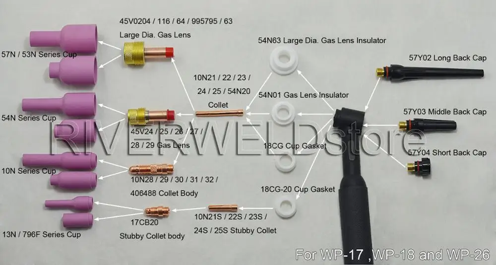 TIG Collets Bodyแก๊สเลนส์ 45V25 1.6 มม.และ 1/16 "พอดีไฟฉายเชื่อมTIGวัสดุสิ้นเปลืองSR PTA DB WP 17 18 26 Series, 2PK