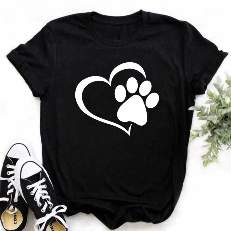 Women Dogs Paws Love Heart Printed T-shirts Fashion Summer Short Sleeve Lady Womens Clothes Tops T-Shirt Black Shirt Tees Female