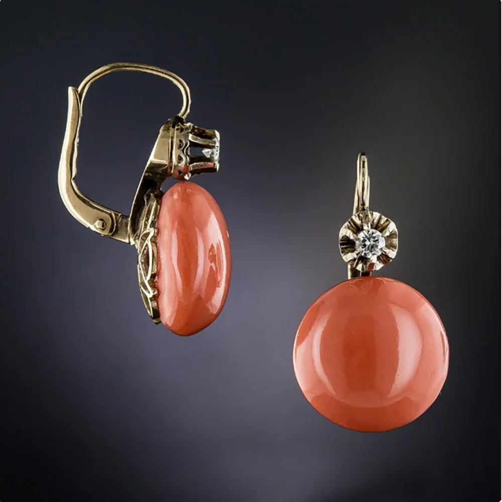 Banny Pink Vintage Water Drop Orange Stone Stud Earring For Women Ethnic Chic Coral Antique Metal Ear Fashion Jewelry