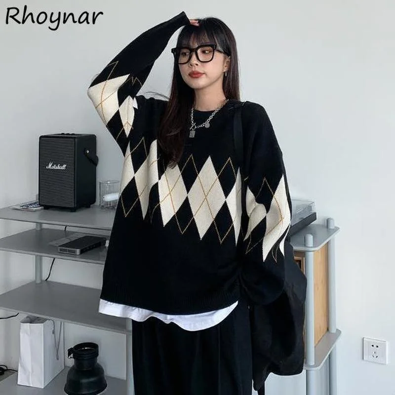 Pullovers Women Argyle O-neck Vintage Knitting Casual Comfort Loose Couple Autumn Lazy Schoolgirl All-match Fashion Street Ins