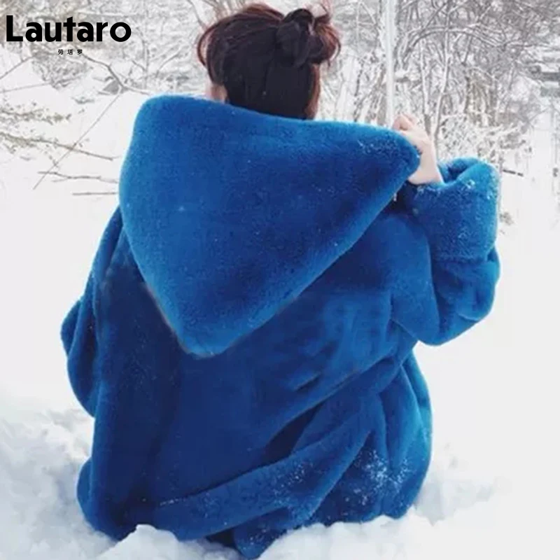 Lautaro-Oversized Warm Faux Fur Coat for Women, Long Sleeve with Hood, Soft Fluffy Jacket, Loose Korean Fashion, Blue, Winter