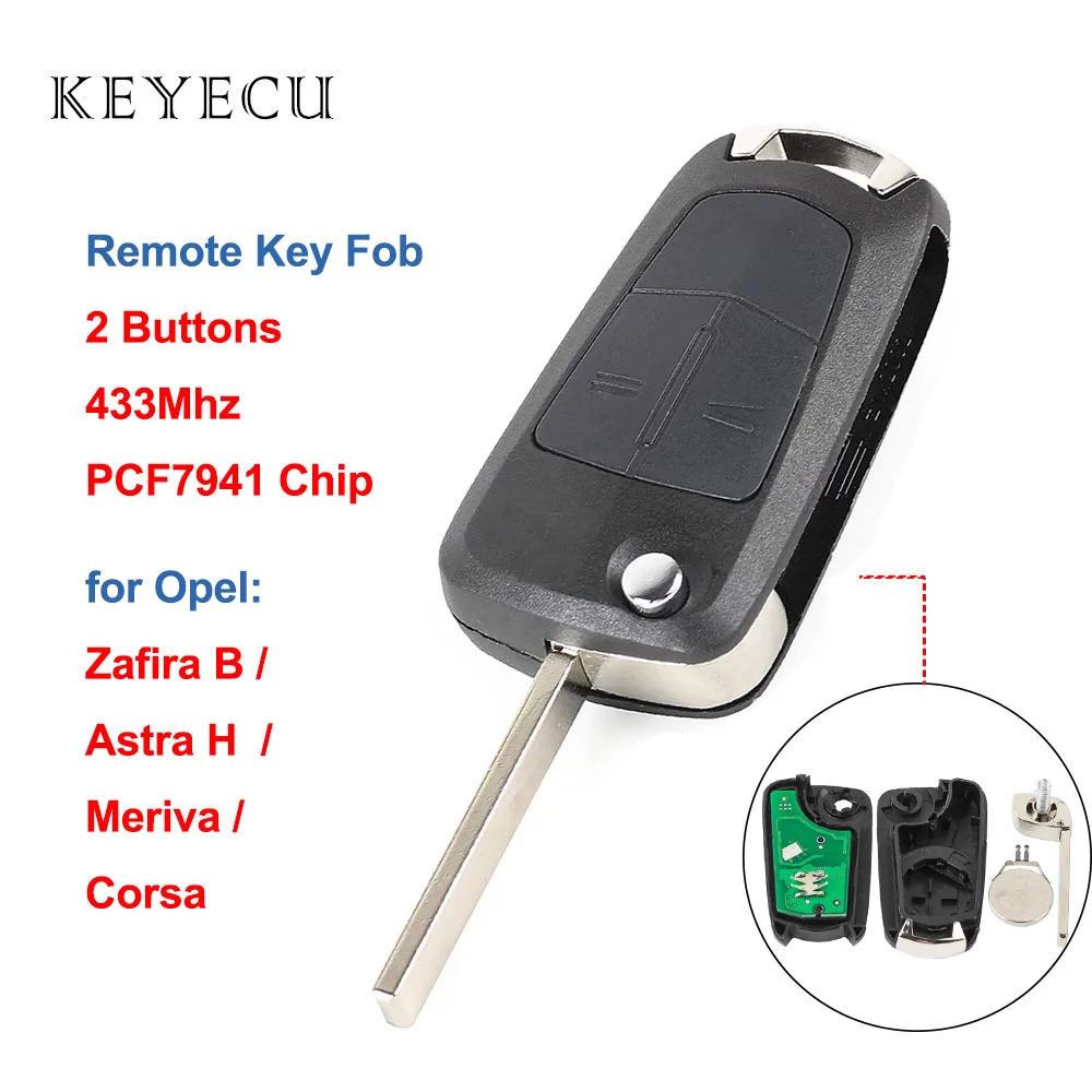 

Remote Car Key Fob Replacement 2 Buttons 433MHz PCF7941 Chip HU100 Blade for Opel Zafira B Astra H Meriva Corsa