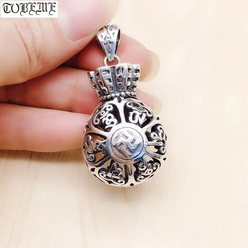 

100% 990 Silver Tibetan Six Words Pendant vintage pure silver Lucky Money-bag Pendant Good Luck Buddhist Wanzi Symbol Amulet