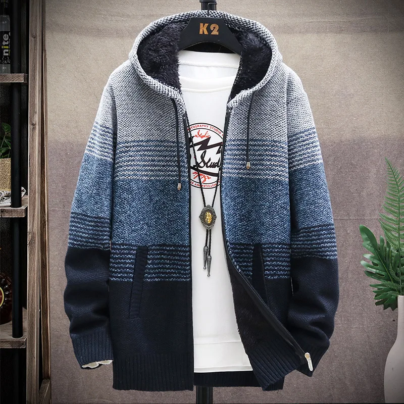 Áo Khoác Cardigan Nam Áo Len Áo Khoác Mùa Đông Trang Áo Len Dệt Kim Áo Khoác Nam Áo Len SọC Áo Khoác Ấm Dây Kéo Len Trùm Đầu Cardigan Nam