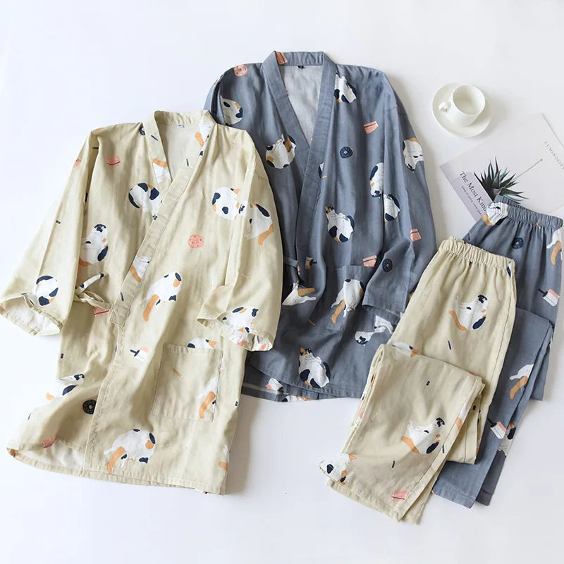 Kimono Sleepwear Man Women Couples Japanese Traditional Yukata Robes Gauze Pajamas Sets Cute Cats Print Nightgown Pyjamas Femme