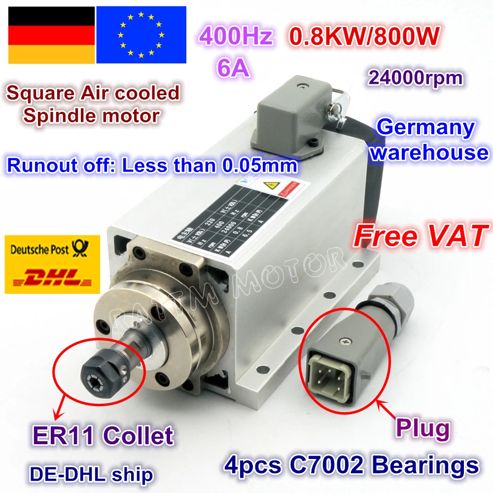 【DE ship】 Square 0.8KW 800W Air cooled Spindle motor ER11 6.5A 24000rpm 400Hz 220V for CNC Router ENGRAVING MILLING Machine