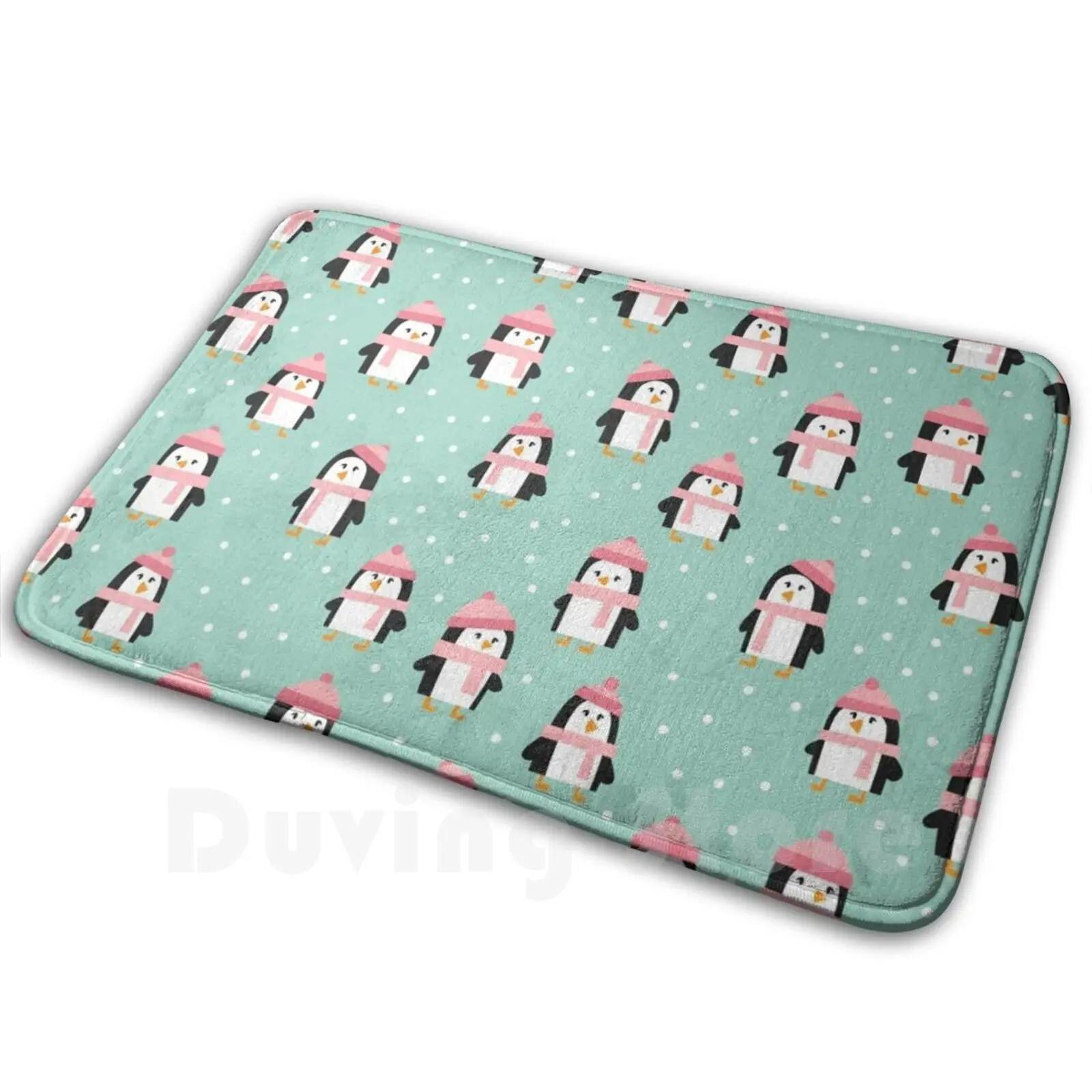 Cute Winter Penguins-Pink Hats Carpet Mat Rug Cushion Soft Non-Slip Penguins Winter Snow Blue Little Arrow Cute