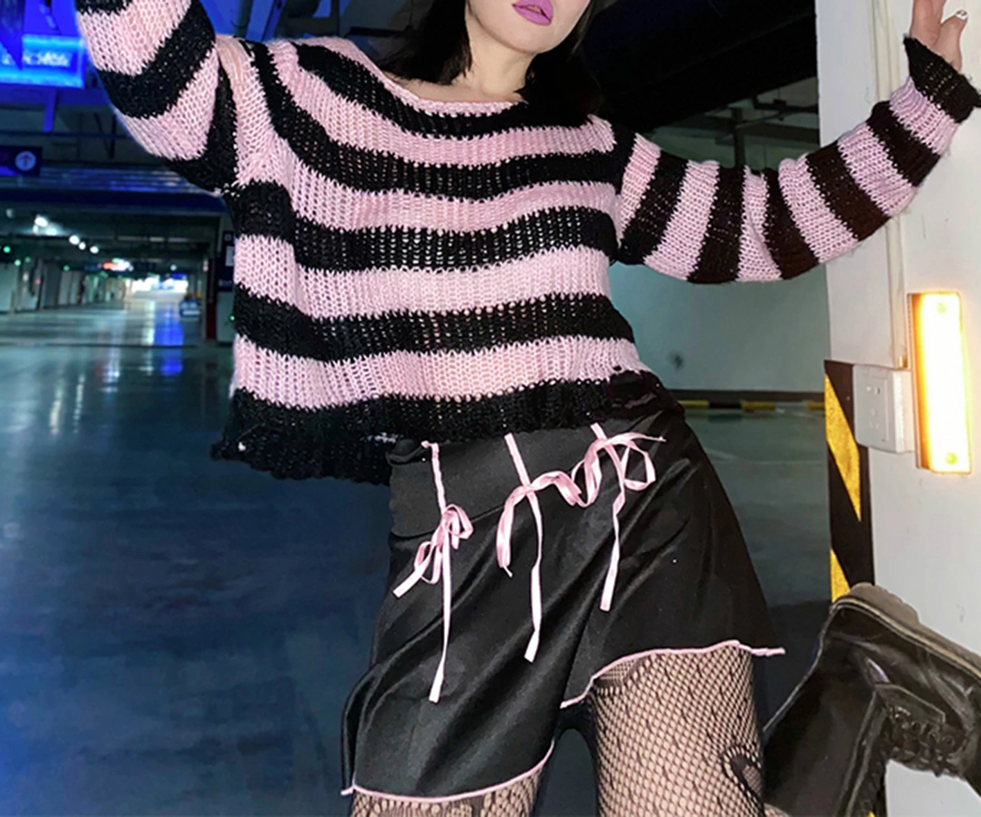 2021 Spring Female Y2K Striped Patchwork Loose Punk Dark Black Pullover Women's Medium and Long Broken Casual Knit Base Sweaters