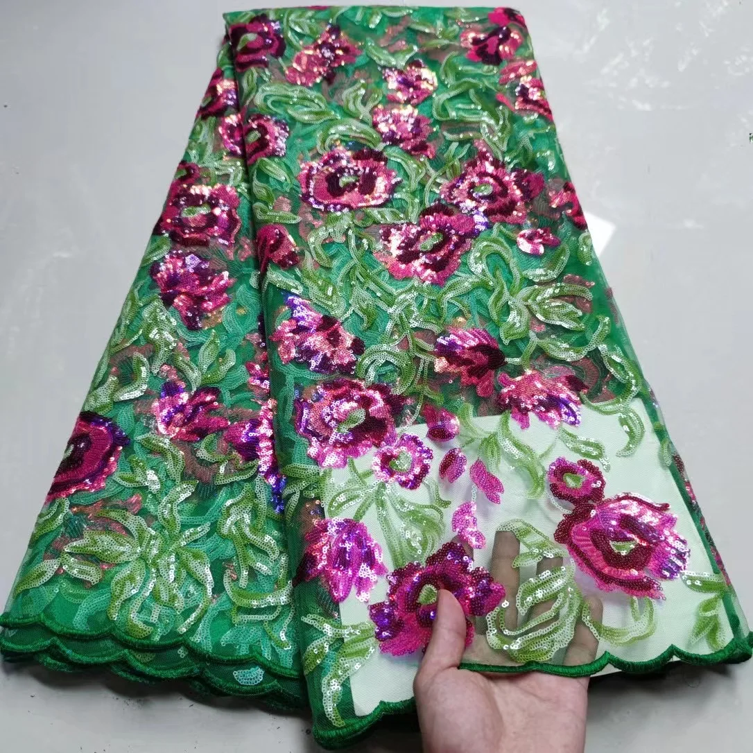

African Lace Sequin Fabric 2021 High Quality Lace Nigerian Embroidery Lace Fabrics For Wedding Sewing Party 5 Yard TS9483