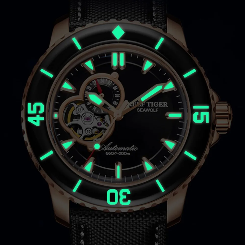 Reef Tiger/RT Top Brand Watch For Men Sport Automatic Watches Rose Gold Super Luminous Diving Watch Nylon Strap RGA3039