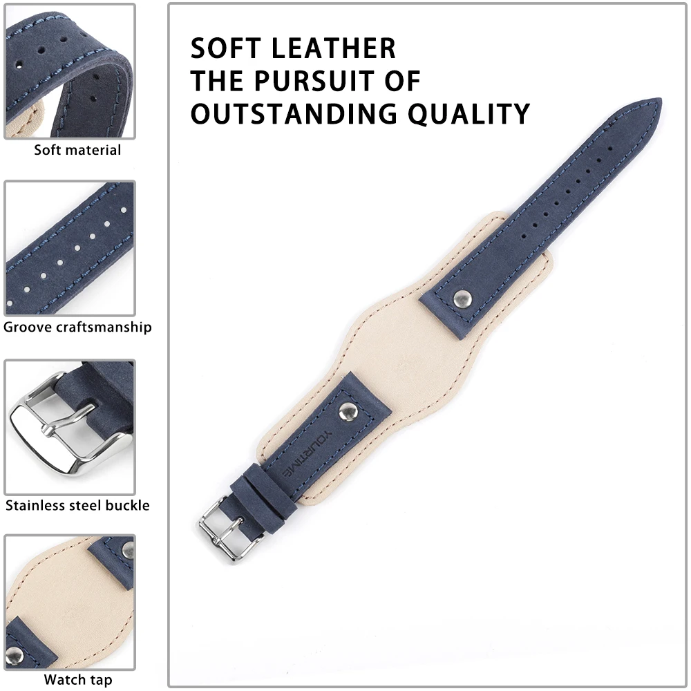 High Quality Leather Blue White Cuff Watchband Leather Lining Strap 21mm Stainless Steel Men Woman Band Watch Accessories