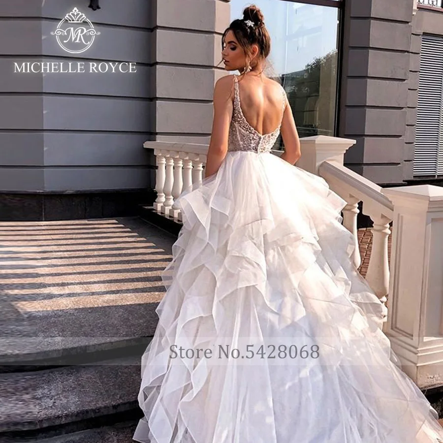 Michelle Royce Sweetheart A-line Wedding Dresses 2022 Spaghetti Straps Cut-out Button Chapel Train Wedding Gown Vestido De Novia