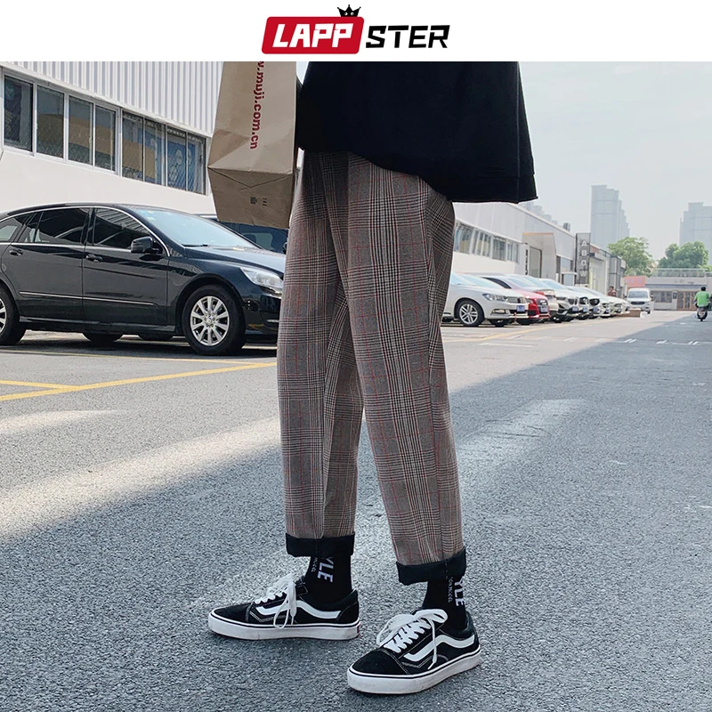 LAPPSTER Japanese Streetwear Baggy Black Plaid Pants Men Harajuku Sweatpants 2023 Man Casual Straight Joggers Pants Casual Pants