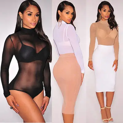 New One Piece Sheer Leotard Transparent Sexy Mesh Bodysuit Long Sleeve Jumpsuit Women\'s One-piece Erotic Clothing