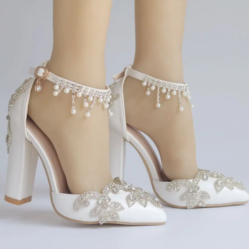 Sexy Wedding Shoes Bride Heels Crystal Pumps Christmas Evening Party Luxury Square Heel Sandals Woman Tassel rhinestones Shoes