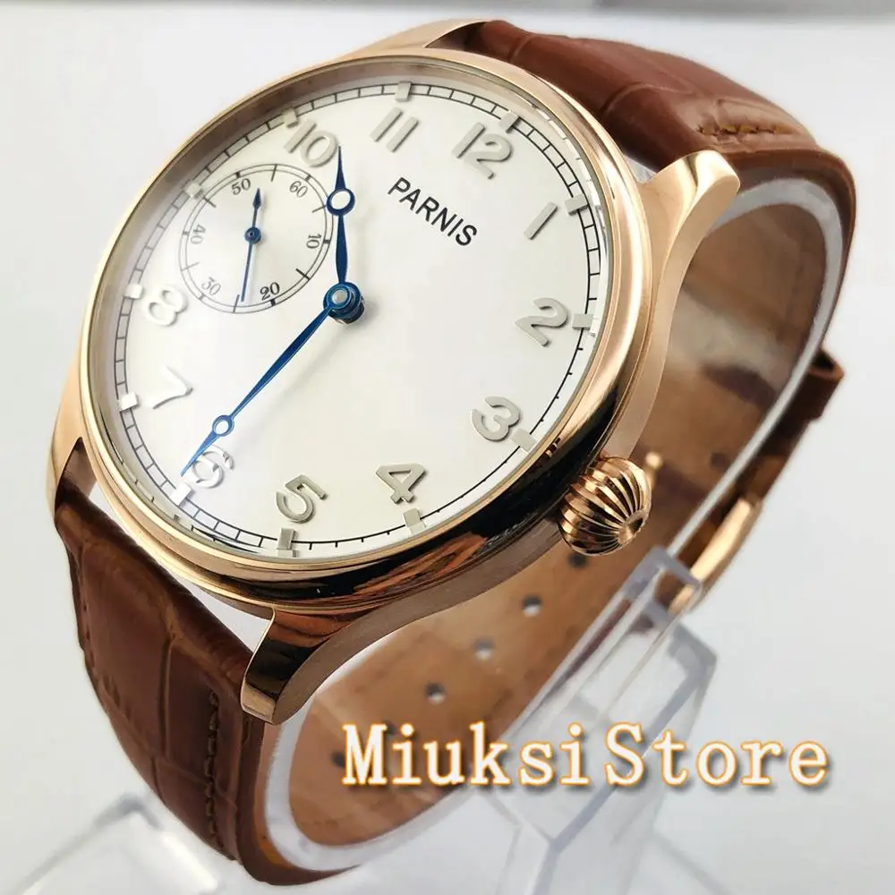 Parnis Men's Popular Mechanical Watch Rose Gold Case White Dial Sea gull 3600 hand winding movement Leather Strap Men's Watch