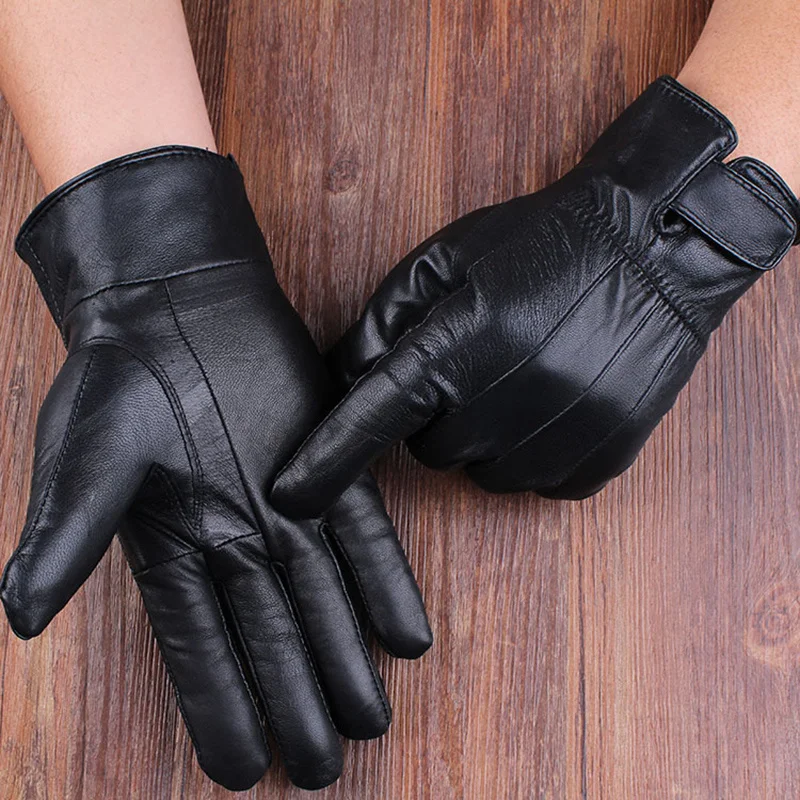 Men Mittens Real Leather Gloves Genuine Leather Black Gloves Men Thick Cotton Winter Outdoor Riding Gloves Warm Mittens