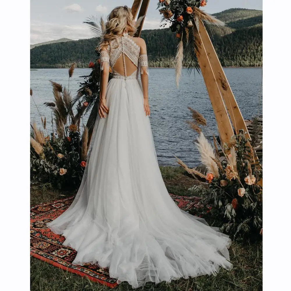 Robe de mariée bohème avec corsage de bijoux, licou dans le dos, robes de patients en tulle, appliques en dentelle, robes de mariée élégantes, look de plage, quel que soit le cas, 2022