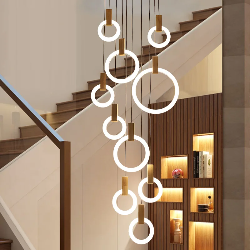 

Modern LED Staircase Chandelier Nordic Villa Large Pendant Lamp For Bedroom Bedside Lobby Decoration Acrylic Ring Hanging Lamp