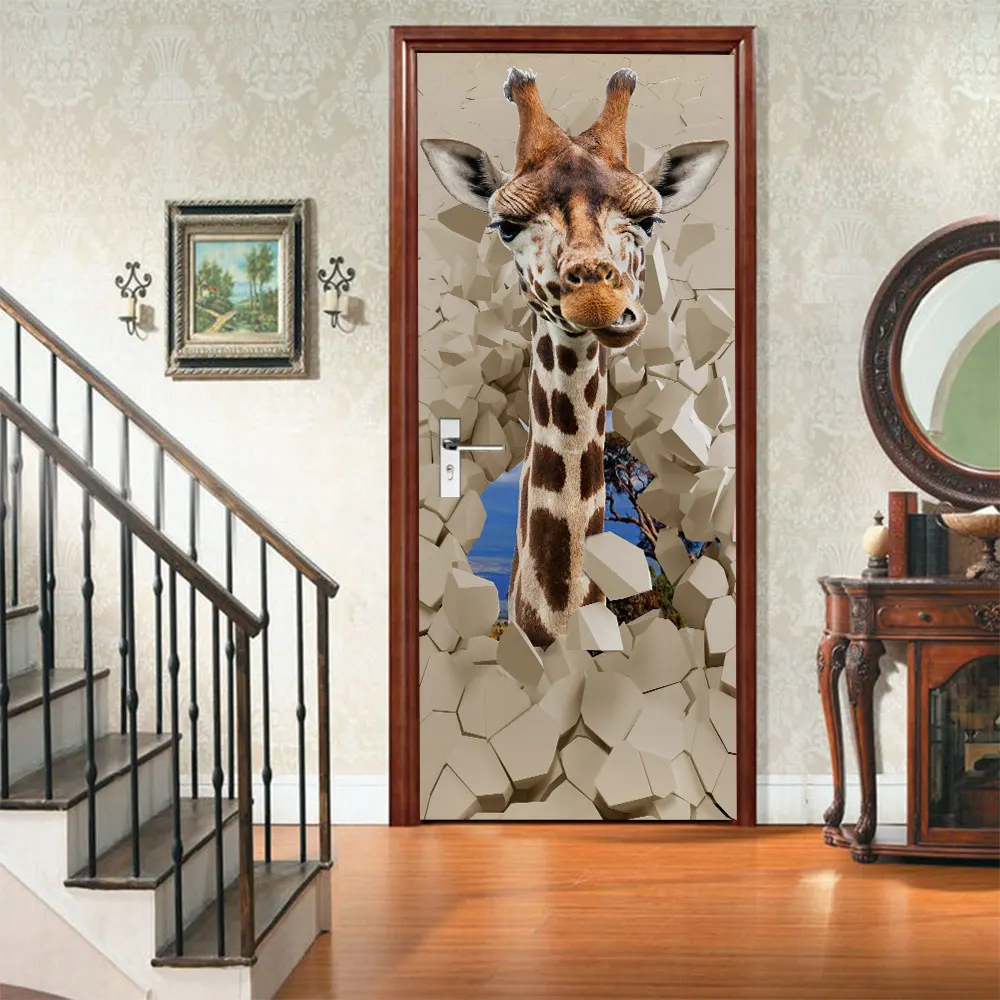 Creative environmental protection 3D giraffe door sticker refurbished self-adhesive bedroom wall PVC sticker